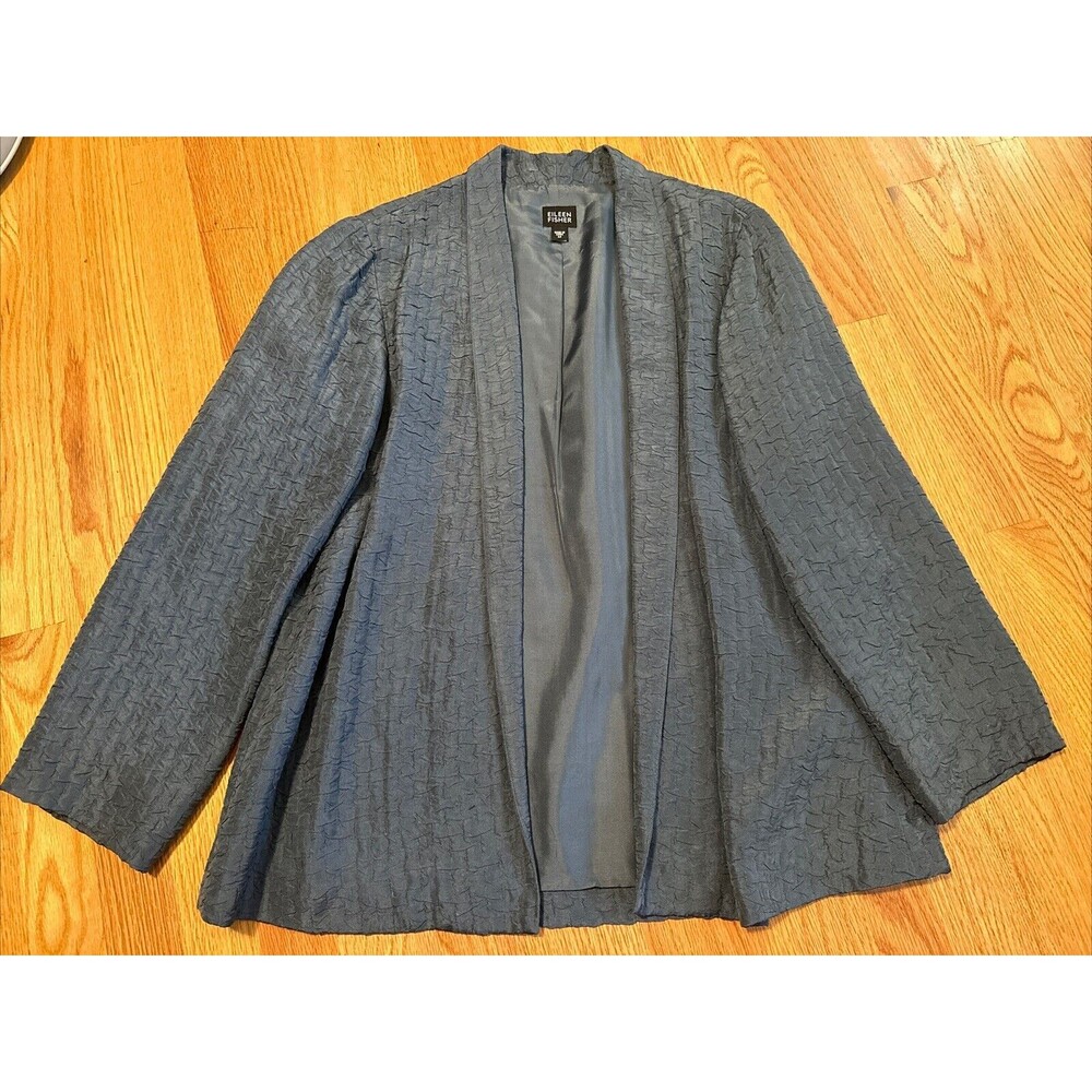 Eileen Fisher Silk Jacket Size M Blue Open Front Crinkled Blazer